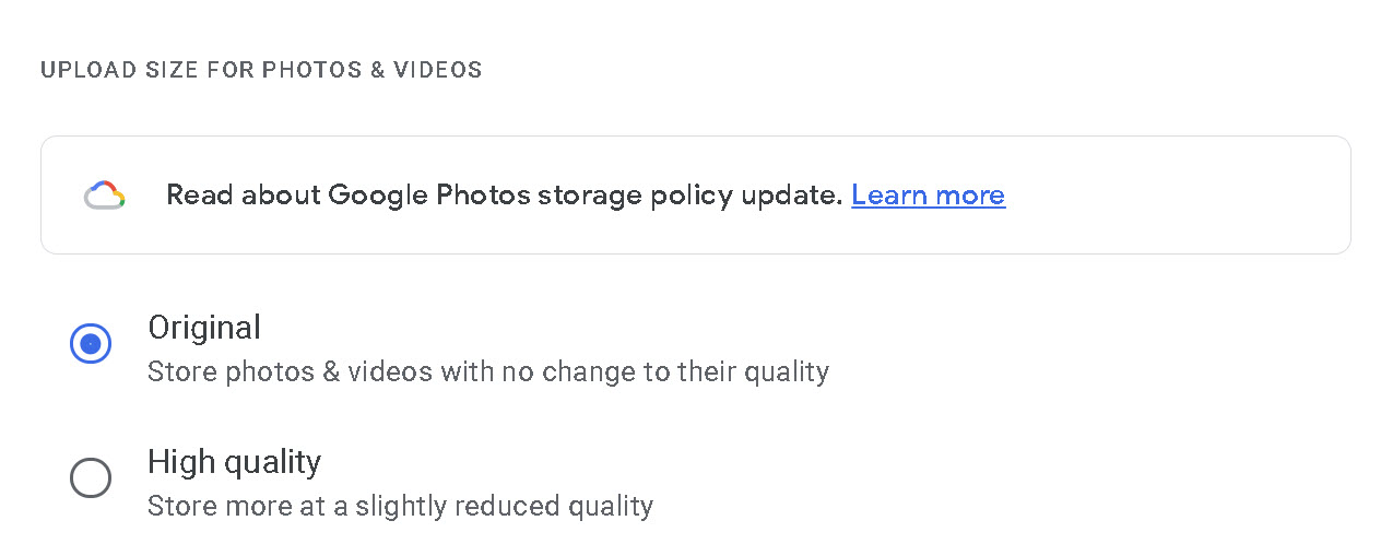 Google Photos High Quality vs Original