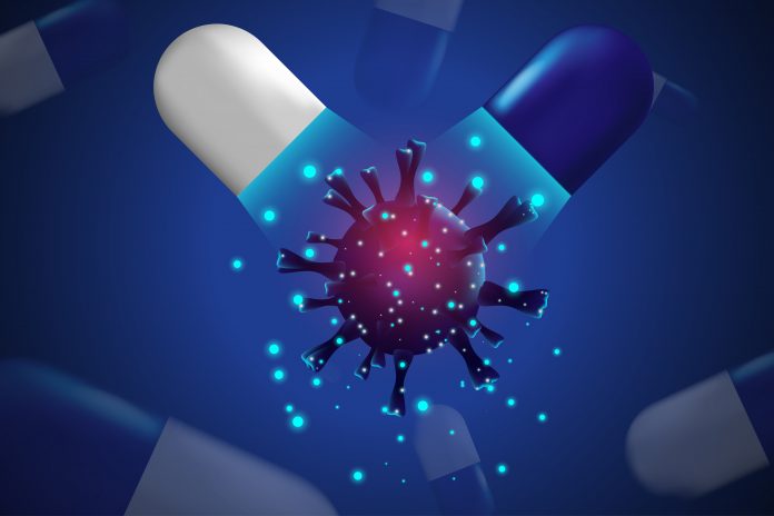 Pandemic Virus And Medicine Pills Antiviral Drug Corona Virus Concept. Vector Illustration Design.
